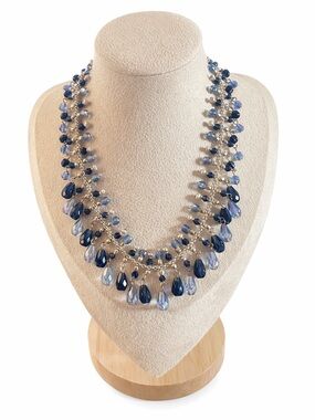 Vintage Avon Acrylic Fringe Navy & Ice Blue Teardrop Silver Toned 15” Choker